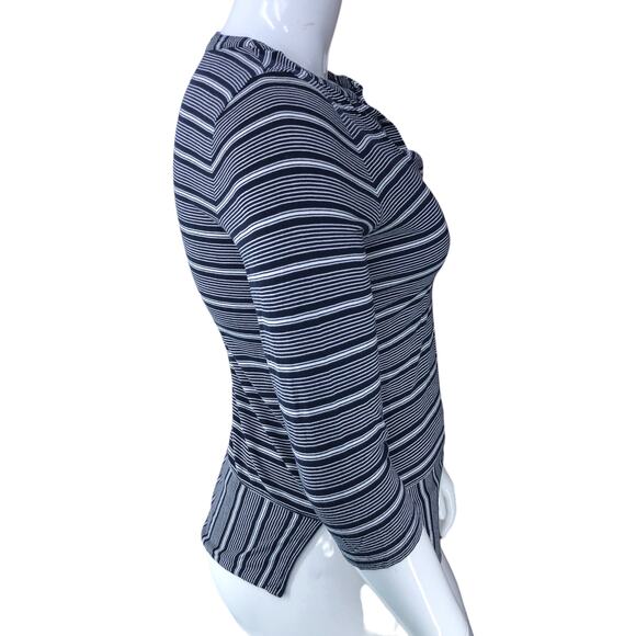 Talbots Womens Size MP Navy Blue Striped TShirt Top Slit Neck - Picture 6 of 14